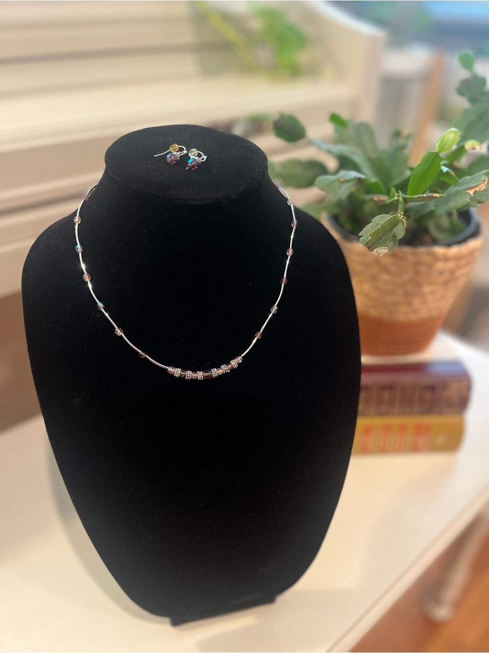 Delicate Silver Beaded Necklace and Earrings with Iridescent Accents